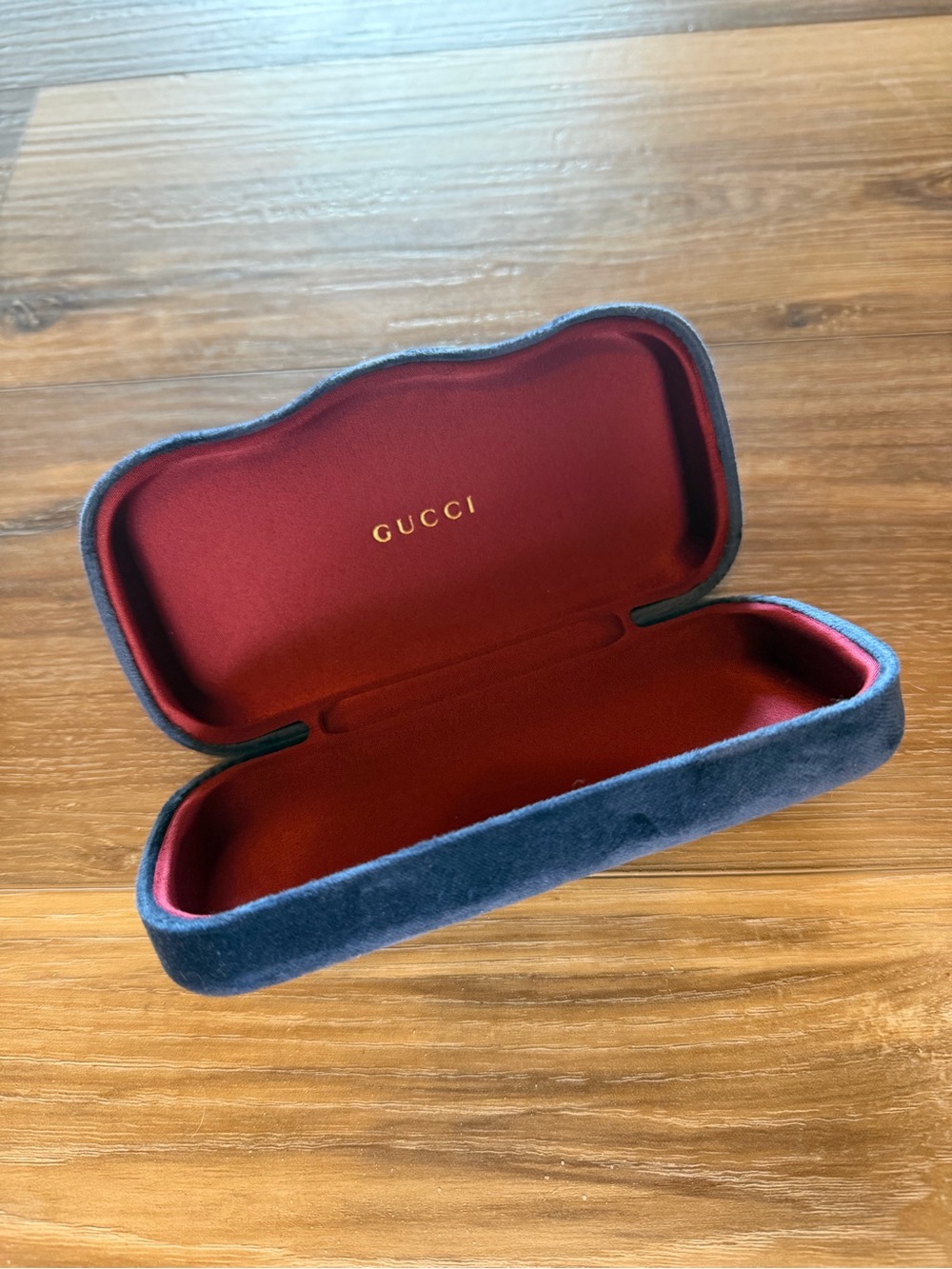 Gucci Velvet Eyewear Case in Navy Exterior and Burgundy Interior